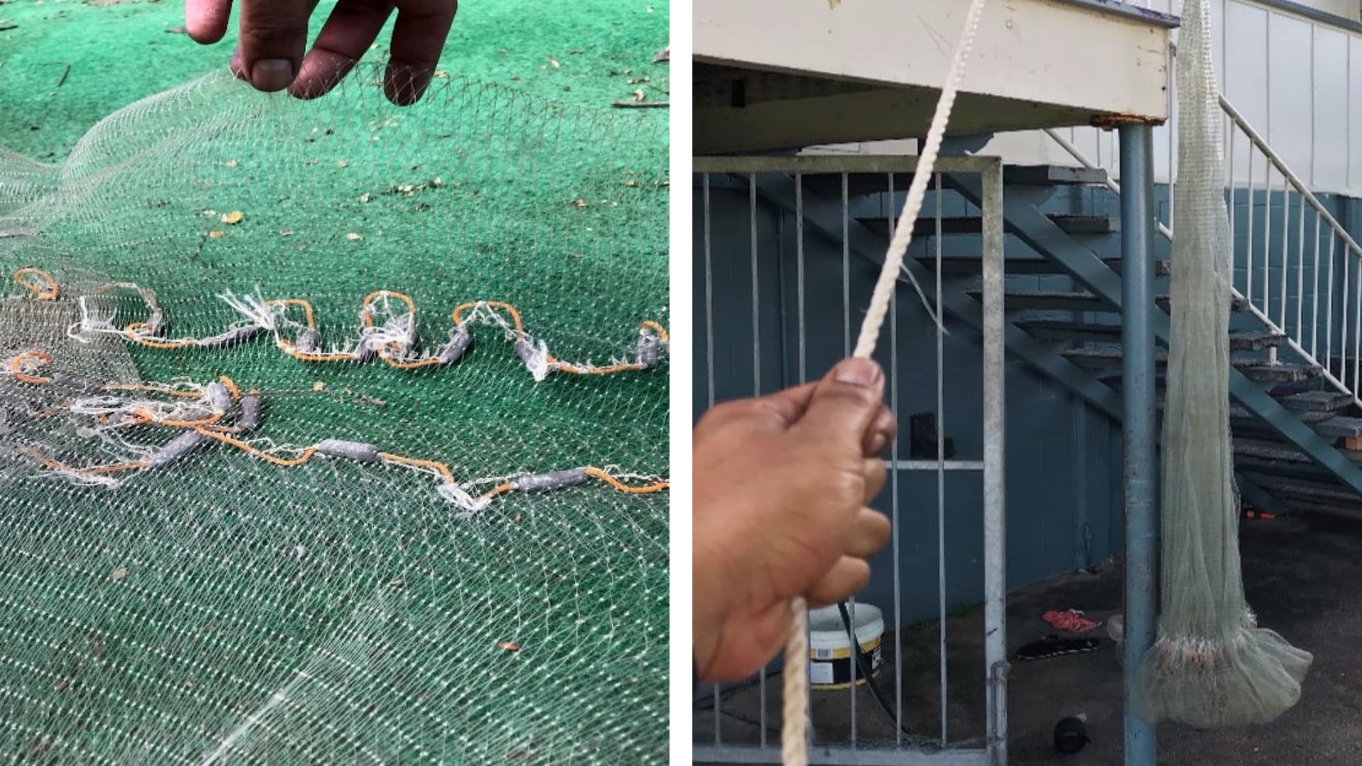 Two images side by side showing a closeup view of a cast net with sinkers sewed in with orange twine, and a photo of a cast net suspended in the air from a rope. 