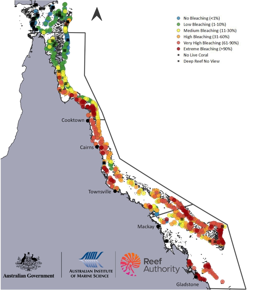 Aerial survey map illustrates the variation in bleaching prevalence observed across the Reef