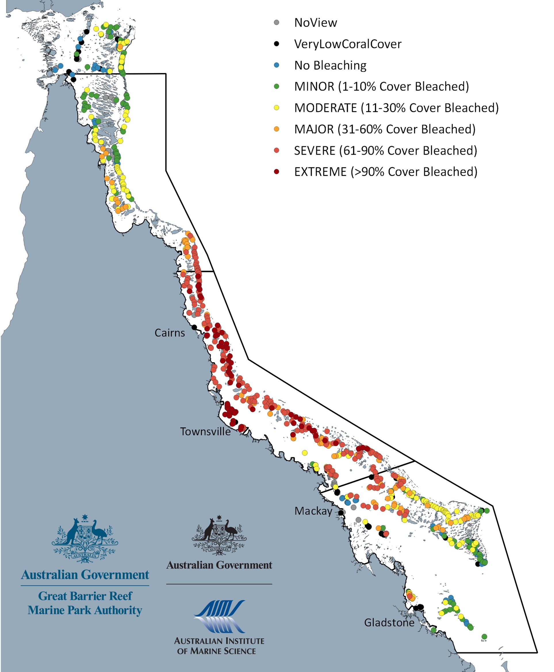 Map 1 - Great Barrier Reef Aerial Survey - Great Barrier Reef Average Bleaching Scores all categories - Australia - Copyright Commonwealth of Australia (Reef Authority)