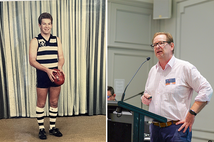 Two photos of Ian in aussie rules gear and speaking at a conference