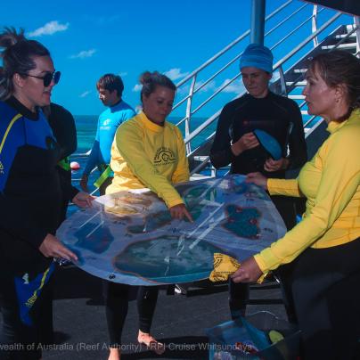 Commonwealth of Australia Cruise Whitsundays TRP Hardy Reef - Reefworld pontoon - Cookie disc education - Liza Muller, Jemma Simpson, Melissa Broehl, Julia Farrell