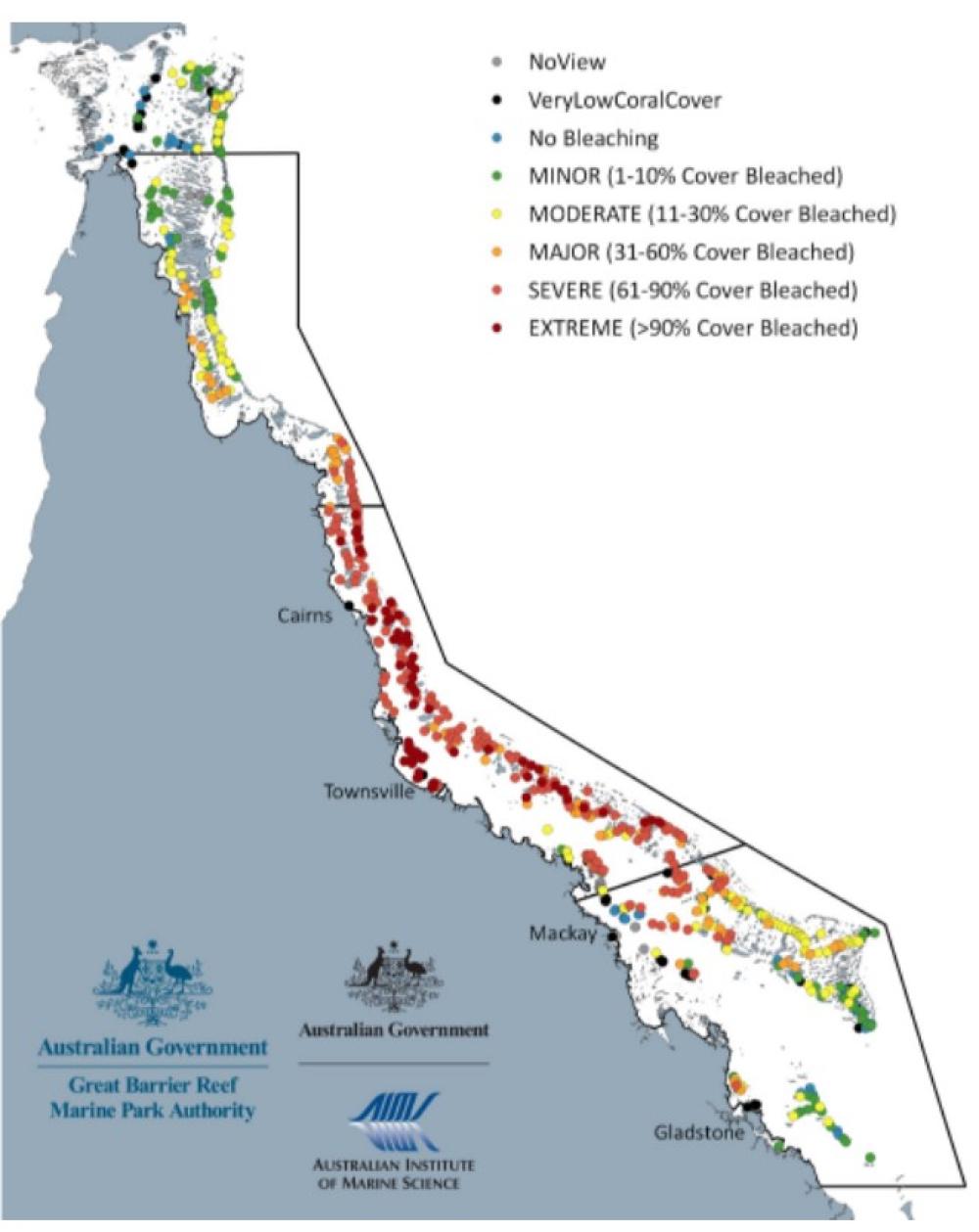 Heat map of 2022 bleaching event severity showing central part of Reef was most affected